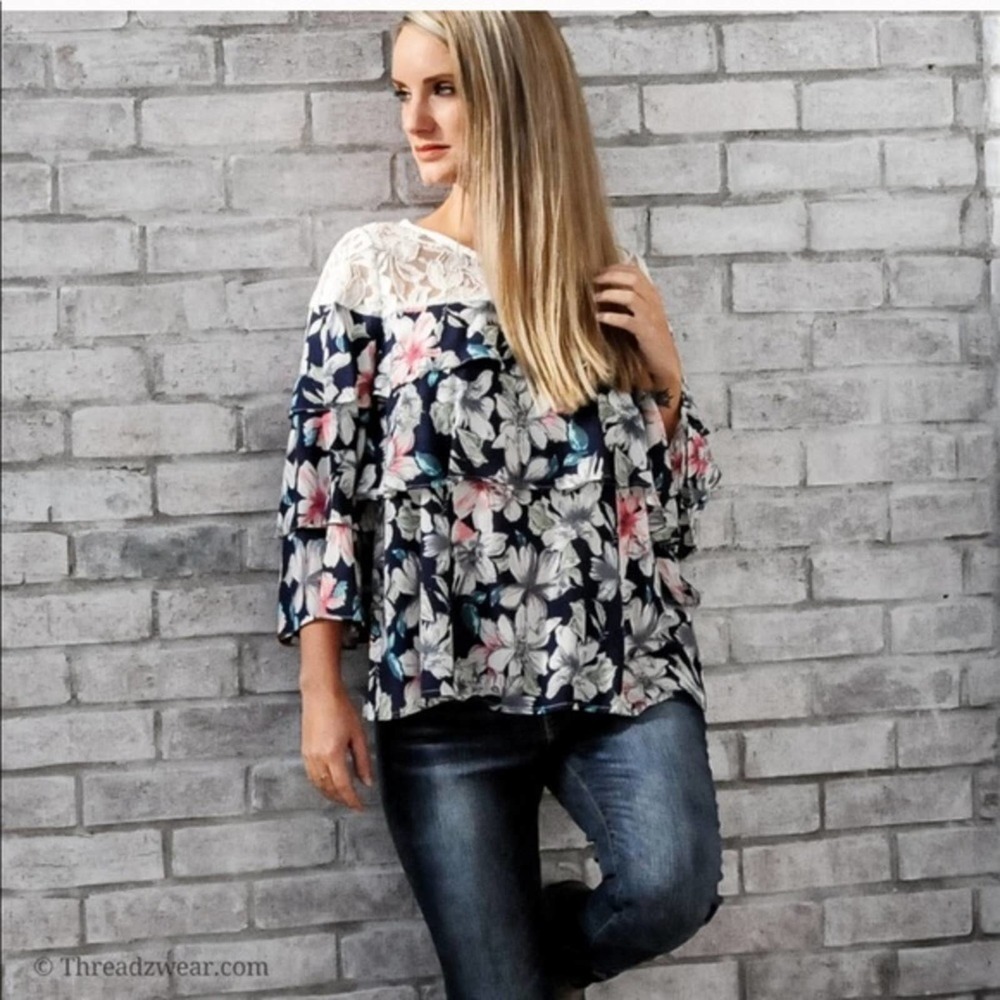 NEW Boho Lace Yoke Floral Tiered Ruffle Top Blouse ( Host Pick ) - Picture 7 of 9